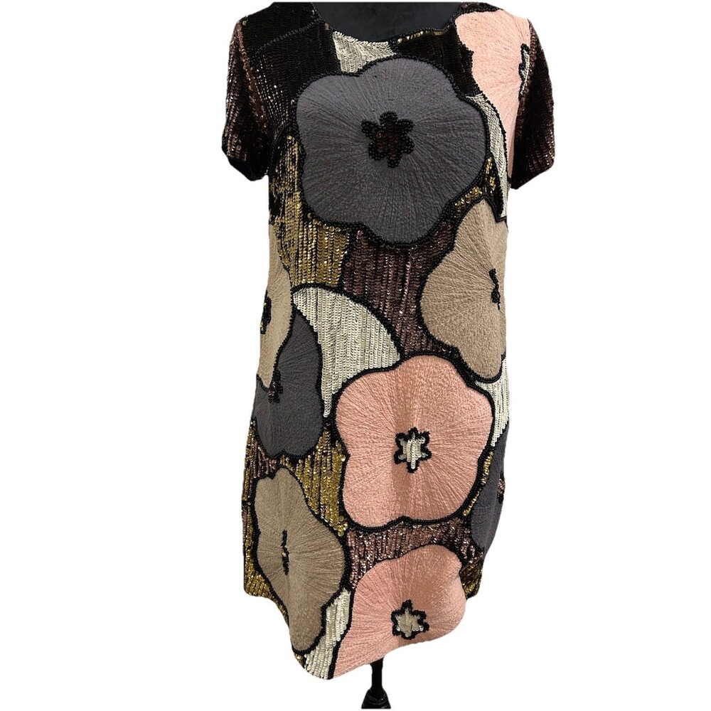 French Connection Womens Sz 8 Sequined Retro Dress Mini Floral Pattern Lined